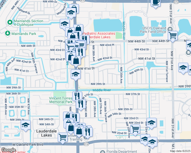 map of restaurants, bars, coffee shops, grocery stores, and more near 3982 Northwest 38th Avenue in Lauderdale Lakes