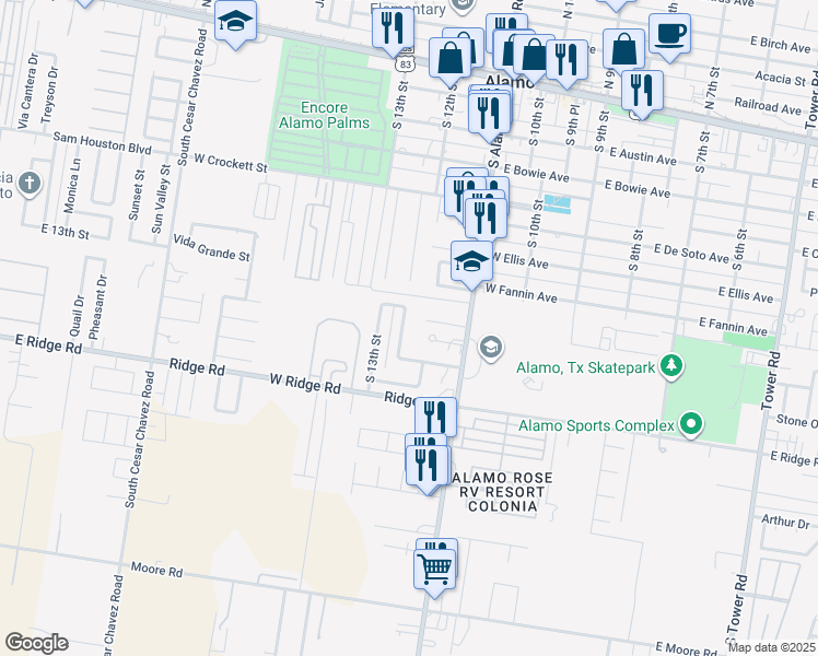 map of restaurants, bars, coffee shops, grocery stores, and more near 812 S 12th Pl in Alamo