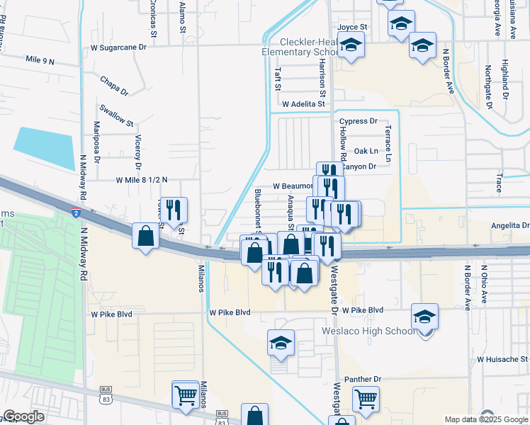 map of restaurants, bars, coffee shops, grocery stores, and more near 2110 West Corpus Christi Drive in Weslaco