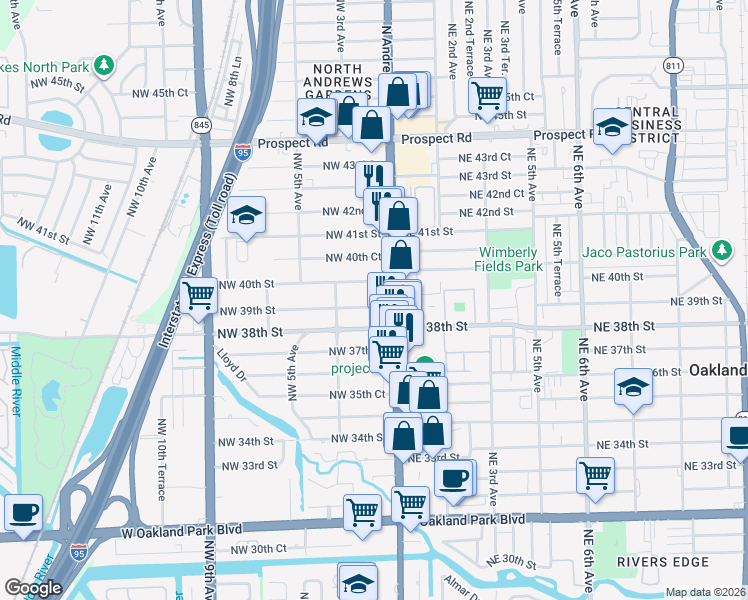 map of restaurants, bars, coffee shops, grocery stores, and more near 121 Northwest 39th Street in Oakland Park