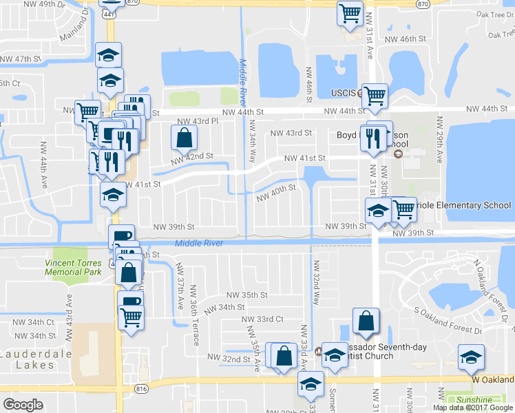 map of restaurants, bars, coffee shops, grocery stores, and more near 3950 Northwest 34th Way in Lauderdale Lakes