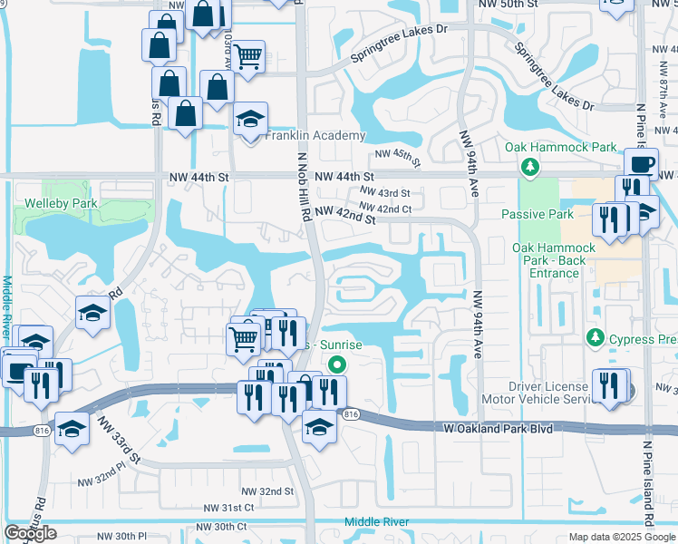 map of restaurants, bars, coffee shops, grocery stores, and more near in Sunrise