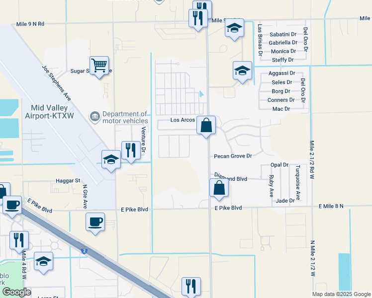 map of restaurants, bars, coffee shops, grocery stores, and more near 1501 North International Boulevard in Weslaco