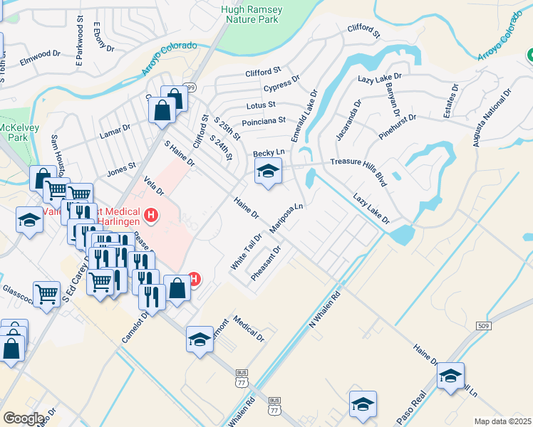 map of restaurants, bars, coffee shops, grocery stores, and more near 2525 Haine Drive in Harlingen