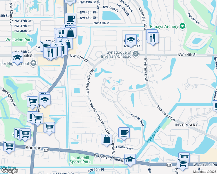 map of restaurants, bars, coffee shops, grocery stores, and more near 7200 Radice Court in Lauderhill
