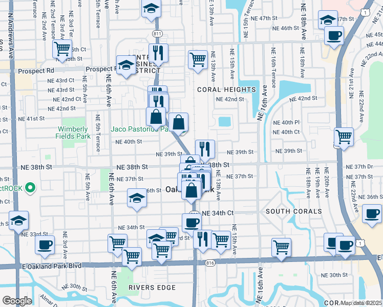 map of restaurants, bars, coffee shops, grocery stores, and more near 3880 North Dixie Highway in Oakland Park