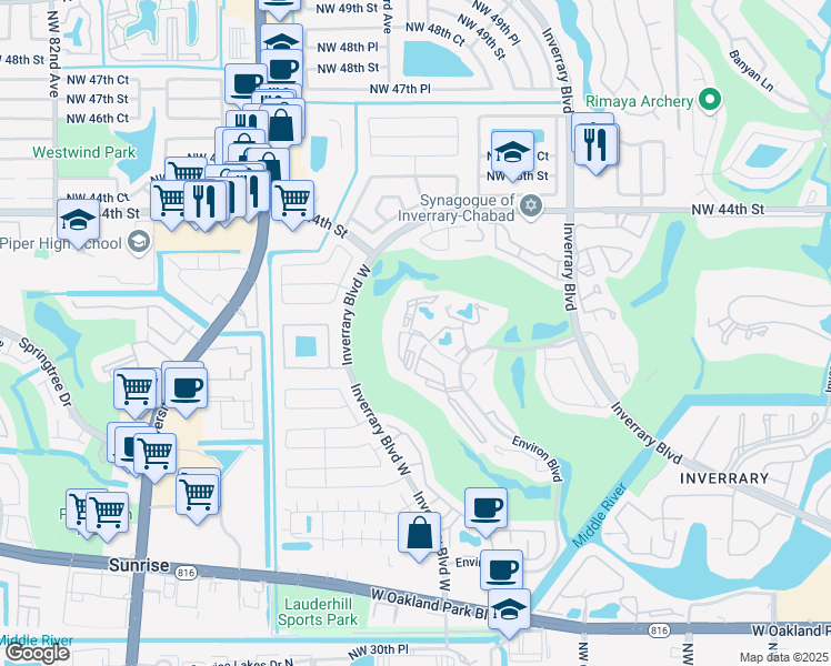map of restaurants, bars, coffee shops, grocery stores, and more near 7200 Radice Court in Lauderhill