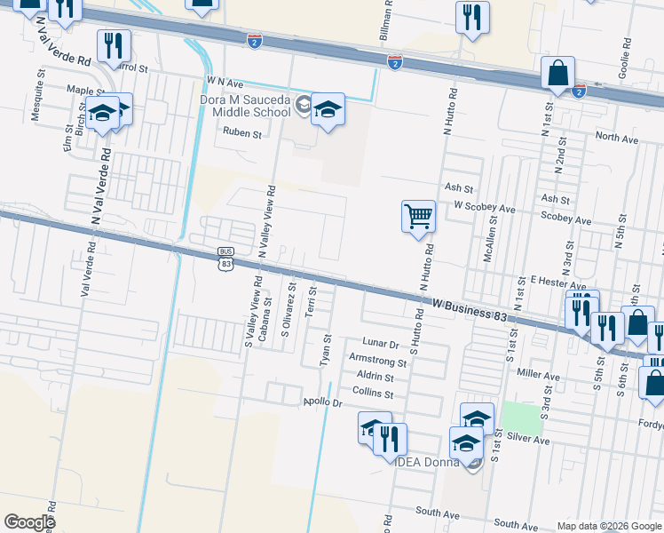 map of restaurants, bars, coffee shops, grocery stores, and more near Bill Man Road in Donna