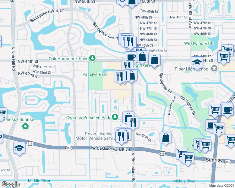 map of restaurants, bars, coffee shops, grocery stores, and more near 41 The Common in Sunrise