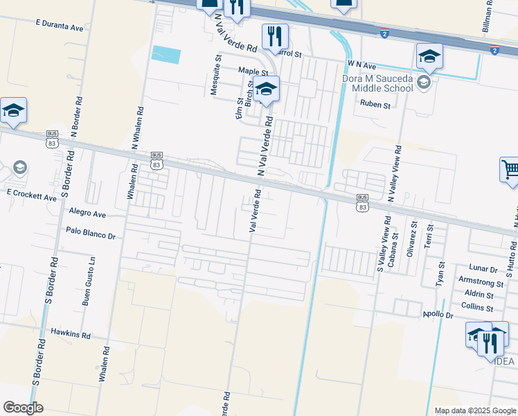 map of restaurants, bars, coffee shops, grocery stores, and more near 838 Larry Street in Donna