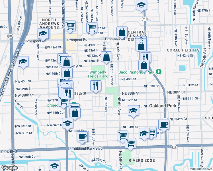 map of restaurants, bars, coffee shops, grocery stores, and more near 3902 Northeast 5th Avenue in Oakland Park