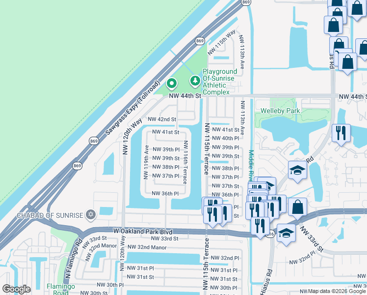 map of restaurants, bars, coffee shops, grocery stores, and more near 11651 Northwest 39th Place in Sunrise