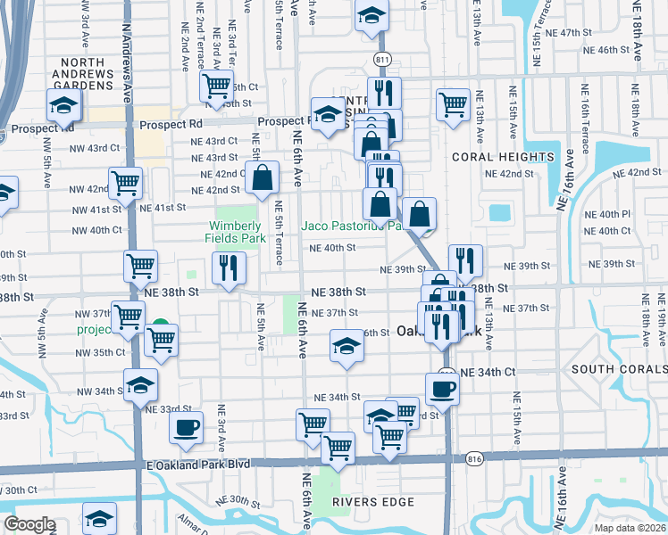 map of restaurants, bars, coffee shops, grocery stores, and more near 701 Northeast 39th Street in Oakland Park