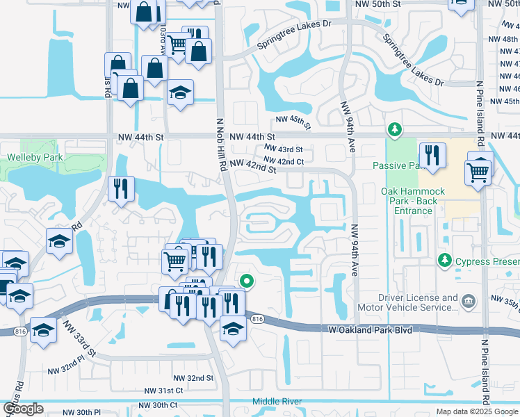map of restaurants, bars, coffee shops, grocery stores, and more near 9966 Nob Hill Lane in Sunrise