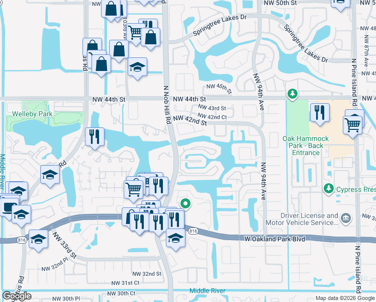 map of restaurants, bars, coffee shops, grocery stores, and more near 9966 Nob Hill Lane in Sunrise