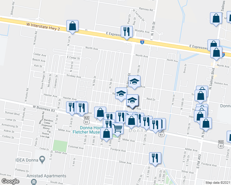 map of restaurants, bars, coffee shops, grocery stores, and more near 301 N 8th St in Donna