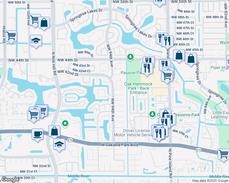 map of restaurants, bars, coffee shops, grocery stores, and more near 9360 Northwest 40th Court in Sunrise