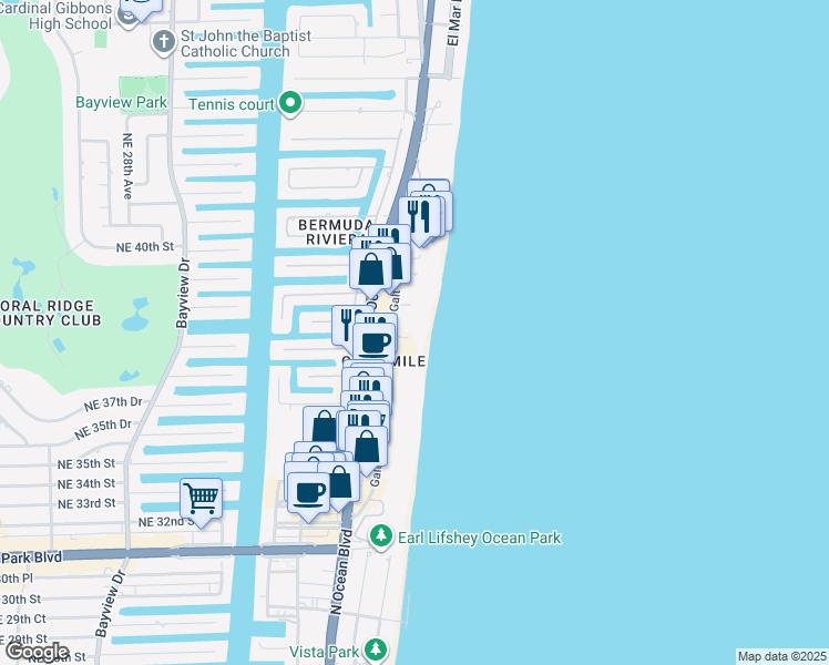 map of restaurants, bars, coffee shops, grocery stores, and more near 3850 Galt Ocean Drive in Fort Lauderdale