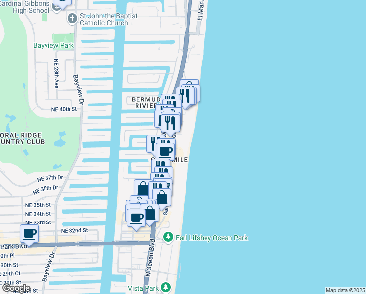 map of restaurants, bars, coffee shops, grocery stores, and more near 3850 Galt Ocean Drive in Fort Lauderdale