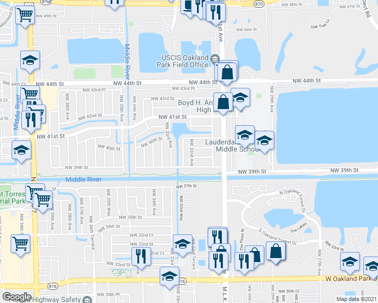 map of restaurants, bars, coffee shops, grocery stores, and more near 3951 Northwest 32nd Avenue in Lauderdale Lakes