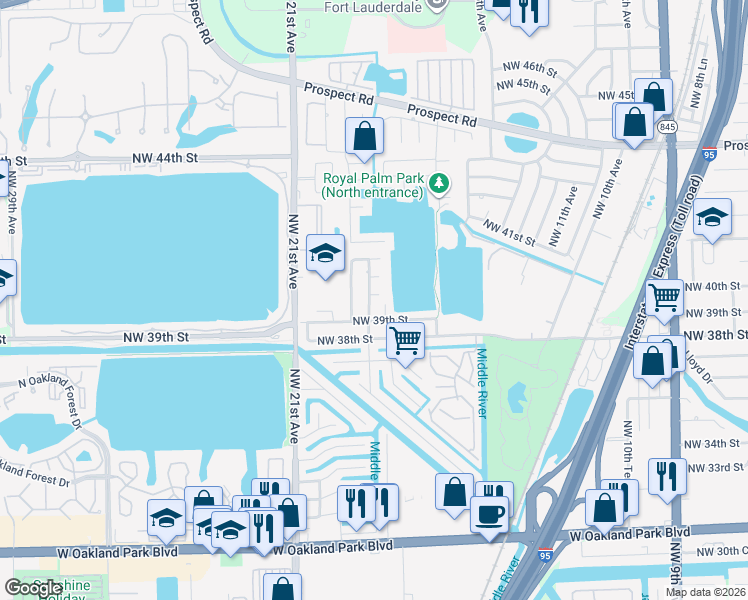 map of restaurants, bars, coffee shops, grocery stores, and more near 1798 Northwest 39th Court in Oakland Park