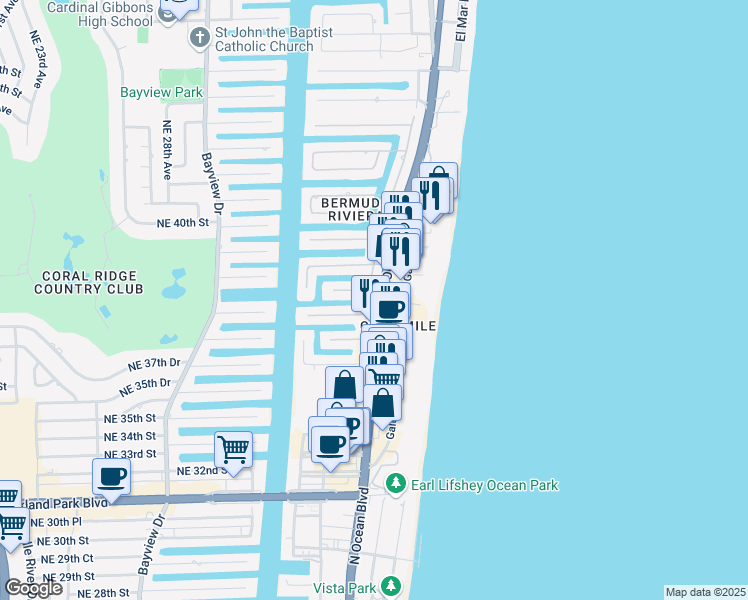 map of restaurants, bars, coffee shops, grocery stores, and more near 3821 North Ocean Boulevard in Fort Lauderdale