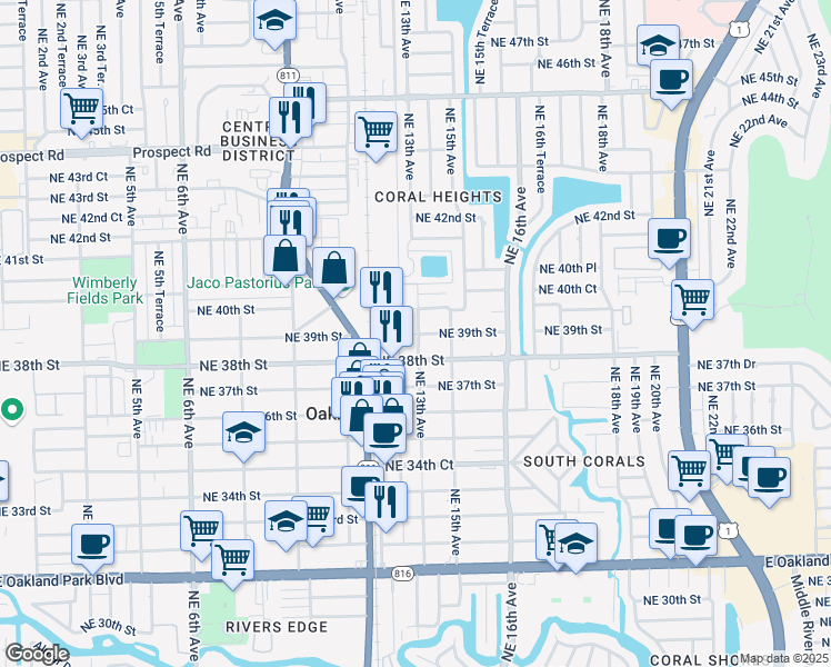 map of restaurants, bars, coffee shops, grocery stores, and more near 1288 Northeast 39th Street in Oakland Park