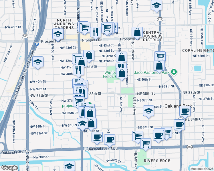 map of restaurants, bars, coffee shops, grocery stores, and more near 3900 Northeast 3rd Avenue in Oakland Park