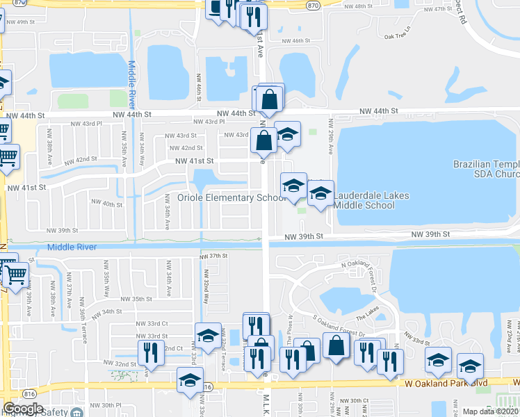 map of restaurants, bars, coffee shops, grocery stores, and more near 3951 Northwest 30th Terrace in Lauderdale Lakes