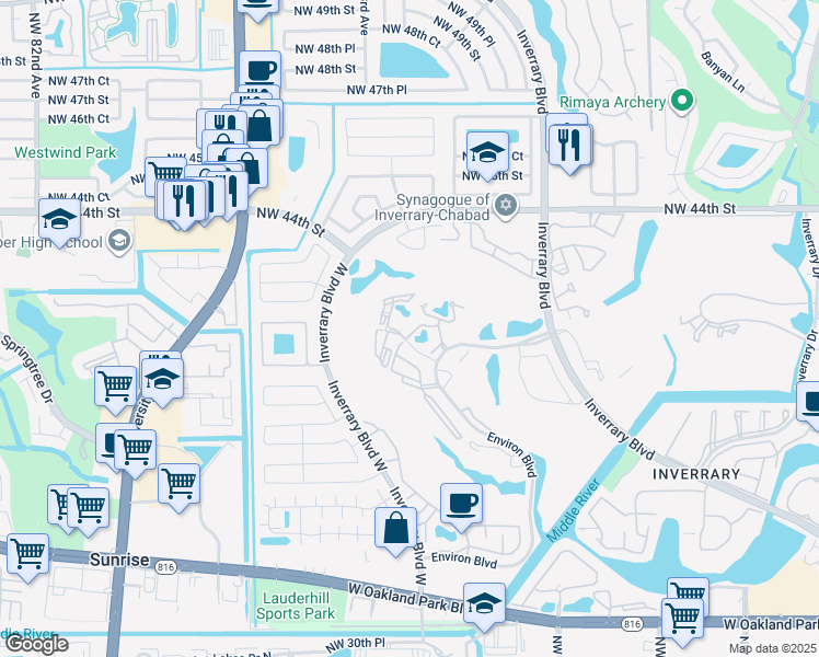 map of restaurants, bars, coffee shops, grocery stores, and more near 7200 Radice Court in Lauderhill