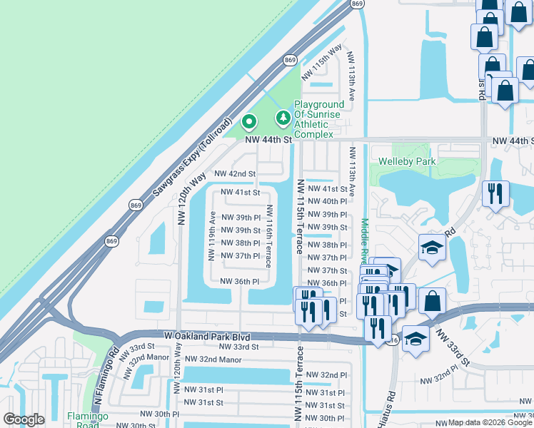 map of restaurants, bars, coffee shops, grocery stores, and more near 11651 Northwest 39th Place in Sunrise