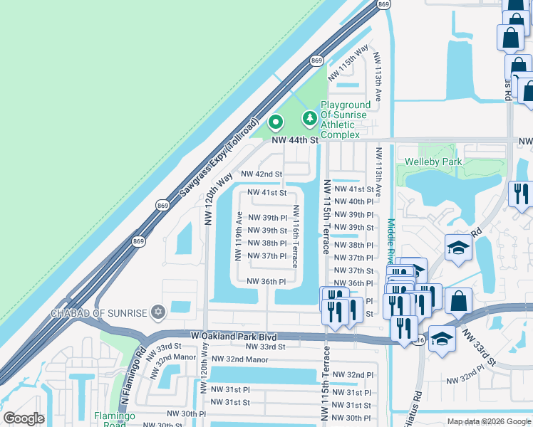 map of restaurants, bars, coffee shops, grocery stores, and more near 11821 Northwest 39th Place in Sunrise