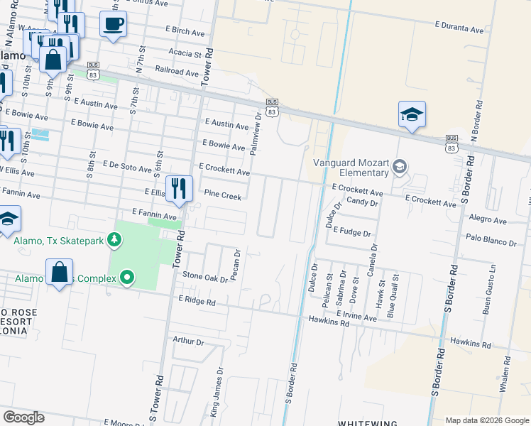 map of restaurants, bars, coffee shops, grocery stores, and more near 480 Cripple Creek Circle in Alamo