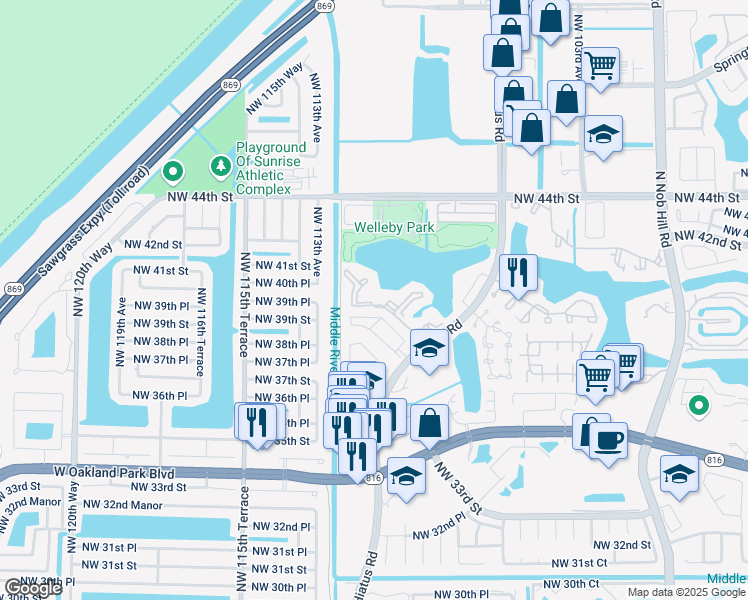 map of restaurants, bars, coffee shops, grocery stores, and more near 11085 Northwest 39th Street in Sunrise