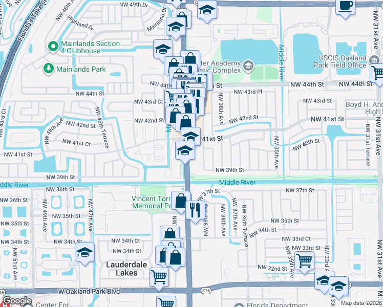 map of restaurants, bars, coffee shops, grocery stores, and more near in Lauderdale Lakes