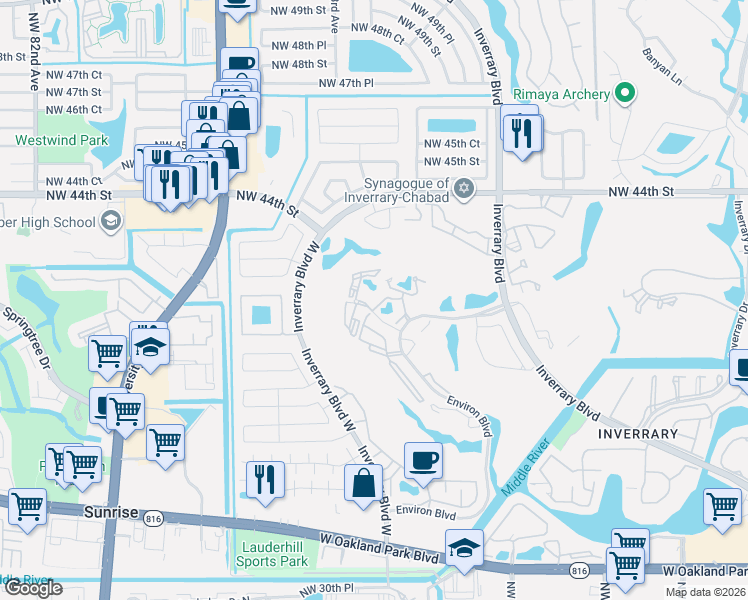 map of restaurants, bars, coffee shops, grocery stores, and more near 7081 Environ Boulevard in Lauderhill