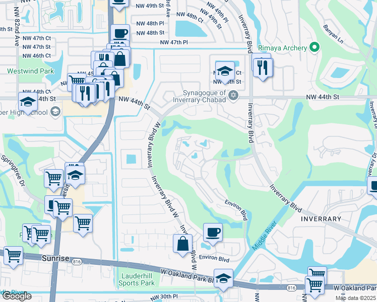 map of restaurants, bars, coffee shops, grocery stores, and more near 7200 Radice Court in Lauderhill