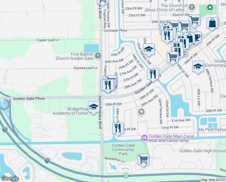 map of restaurants, bars, coffee shops, grocery stores, and more near 5555 Golden Gate Parkway in Naples