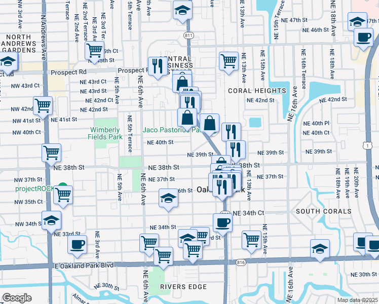 map of restaurants, bars, coffee shops, grocery stores, and more near 999 Northeast 39th Street in Oakland Park