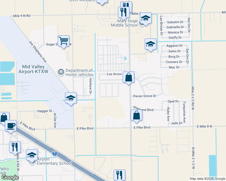 map of restaurants, bars, coffee shops, grocery stores, and more near 1501 North International Boulevard in Weslaco