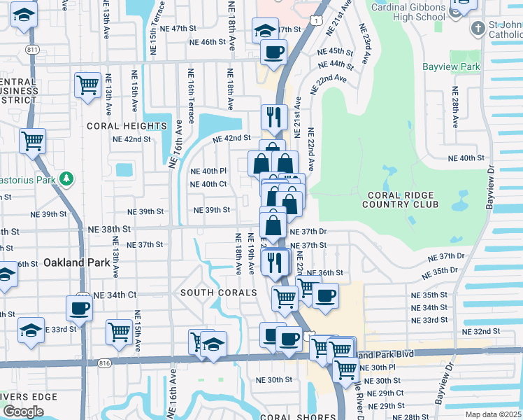 map of restaurants, bars, coffee shops, grocery stores, and more near 3825 North Federal Highway in Oakland Park