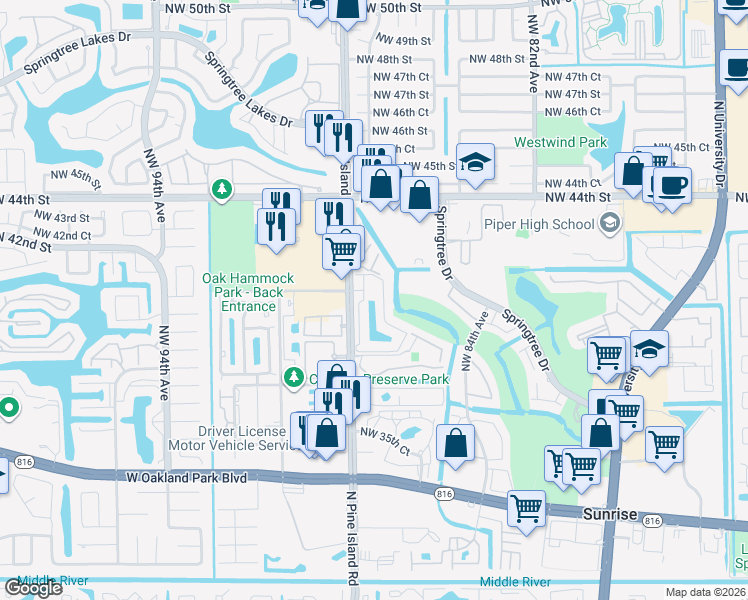 map of restaurants, bars, coffee shops, grocery stores, and more near 1705 Northwest 87th Avenue in Sunrise