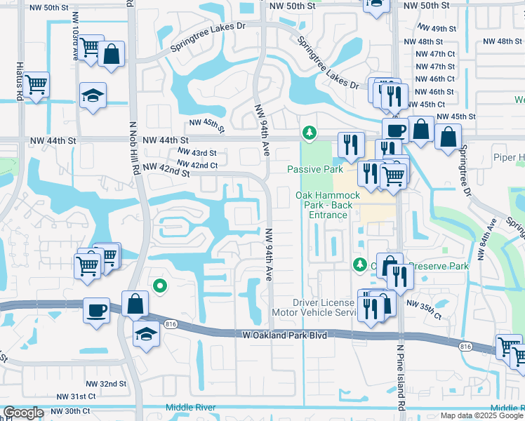 map of restaurants, bars, coffee shops, grocery stores, and more near 9360 Northwest 40th Court in Sunrise