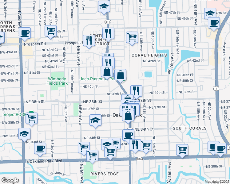 map of restaurants, bars, coffee shops, grocery stores, and more near 1078 Northeast 39th Street in Oakland Park