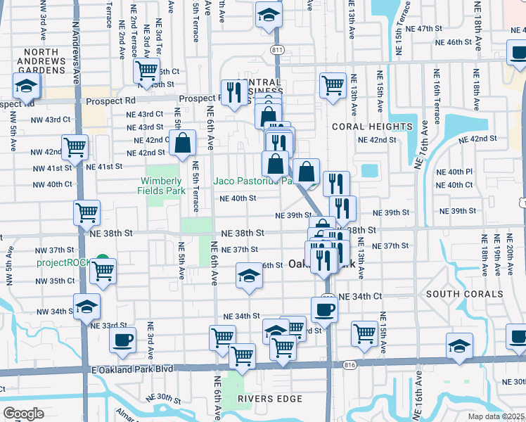 map of restaurants, bars, coffee shops, grocery stores, and more near 845 Northeast 39th Street in Oakland Park