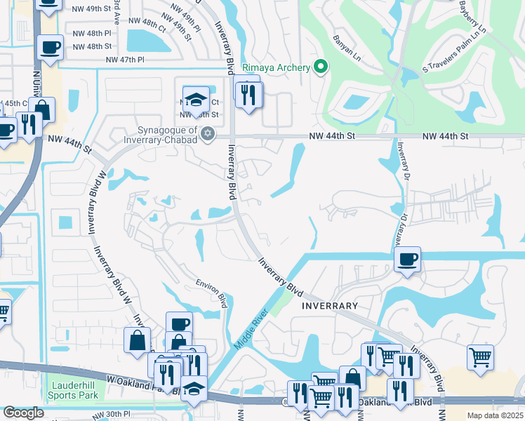 map of restaurants, bars, coffee shops, grocery stores, and more near 3930 Inverrary Boulevard in Lauderhill