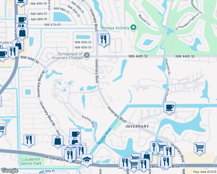 map of restaurants, bars, coffee shops, grocery stores, and more near 3930 Inverrary Boulevard in Lauderhill