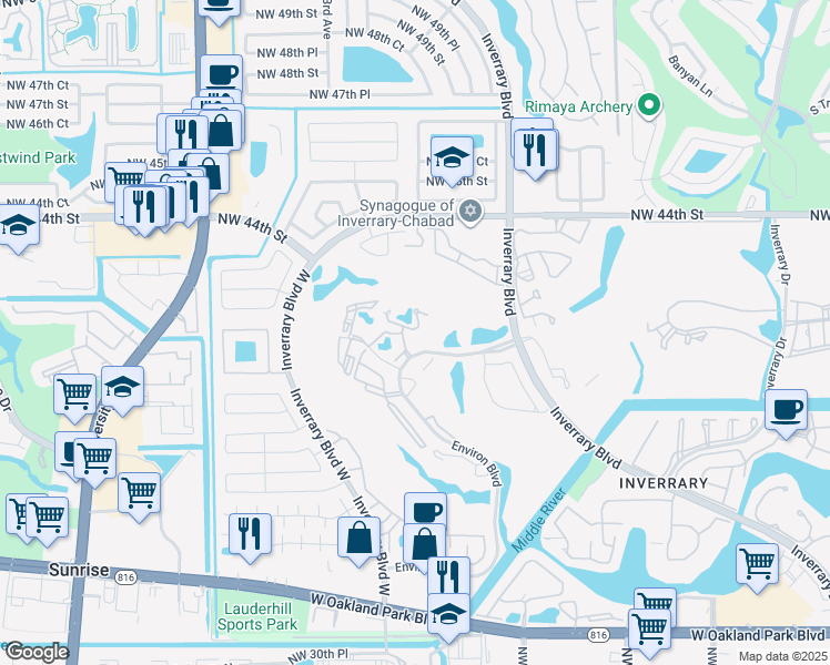 map of restaurants, bars, coffee shops, grocery stores, and more near 6901 Environ Boulevard in Lauderhill