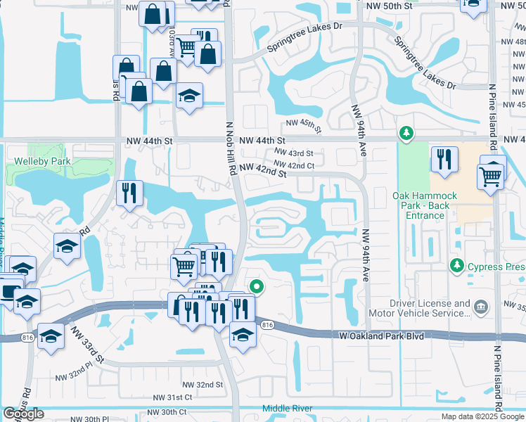 map of restaurants, bars, coffee shops, grocery stores, and more near 9966 Nob Hill Lane in Sunrise