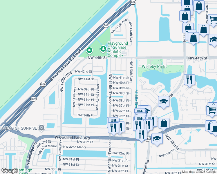 map of restaurants, bars, coffee shops, grocery stores, and more near 3885 Northwest 115th Terrace in Sunrise